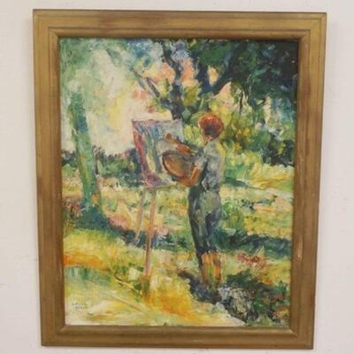 1316	OIL ON BOARD PAINTING OF PAINTER PAINTING ON EASEL, SIGNED HAZEL KING, APPROXIMATELY 19 1/2 IN X 23 1/4 IN
