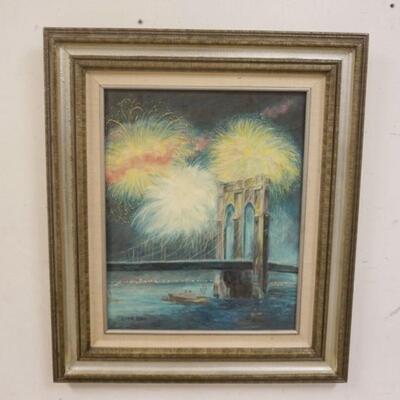 1317	OIL PAINTING ON CANVAS, FIREWORKS OVER SUSPENSION BRIDGE W/BOATS BENEATH, ARTIST SIGNED JEAN B EGAN, APPROXIMATELY 25 IN X 29 IN
