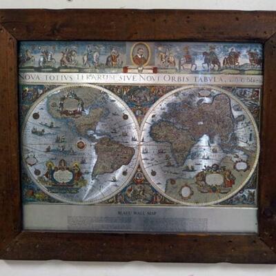 1134	FRAMED WORLD BLAEU WALL MAP, APPROXIMATELY 20 3/4 IN X 24 1/2 IN
