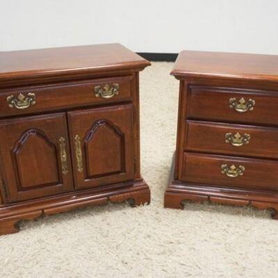1062	AMERICAN DREW PAIR OF 3 DRAWER NIGHTSTANDS IN CHERRY FINISH, ONE W/2 DOORS & ONE DRAWER, APPROXIMATELY 26 IN X 15 IN X 25 1/2 IN...