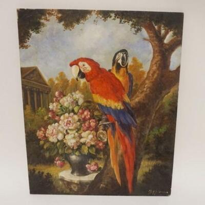 1319	OIL PAINTING ON BOARD ARTIST SIGNED OF PARROTS, APPROXIMATELY 15 IN X 20 IN
