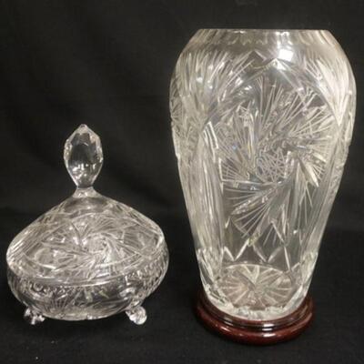 1206	LARGE SEMI CUT GLASS VASE & COVERED DISH. VASE IS APP. 13 1/4 IN H 
