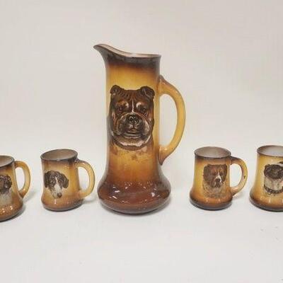 1298	TAYLOR SMITH TAYLOR DOG FACE CIDER SET, 14 IN PITCHER W/6-5 IN MUGS W/TRANSFER OF VARIOUS DOGS, 2 MUGS WITH HAIR LINES
