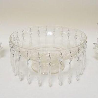 1195	ETCHED CONSOLE BOWL W/ PRISMS APP. 10 1/4 IN X 5 IN H & PAIR OF DOUBLE CANDLESTICKS
