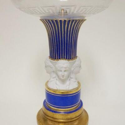 1005	COMPOTE WITH BISQUE COLUMN & CUT GLASS TOP, COLUMN HAS FIGURE HEADS OF WOMEN & COLBALT W/GILT HIGHLIGHTING, APPROXIMATELY 9 3/4 IN X...