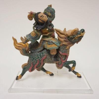 1010	ASIAN POTTERY WARRIOR ON DRAGON MOUNTED ON LUCITE BASE, SOME LOSSES, APPROXIMATELY 11 IN X 12 IN HIGH
