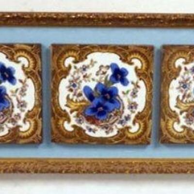 1110	COLLECTION OF 5 ENGLISH FLORAL TILES MOUNTED IN GILT FRAME, SOME LOSS ON FRAME, APPROXIMATELY 10 IN X 36 IN
