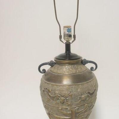 1259	ORNATE ASIAN STYLE BRASS TABLE LAMP  ON WOOD BASE. APP. 30 IN H 
