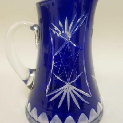 1191	COBALT CUT TO CLEAR WATER PITCHER W/ POLISHED BASE APP. 9 IN H 
