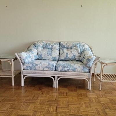 (3) Mid Century White Rattan Patio Set, 
Sofa with Cushions and 2 Side Tables with Glass Tops
