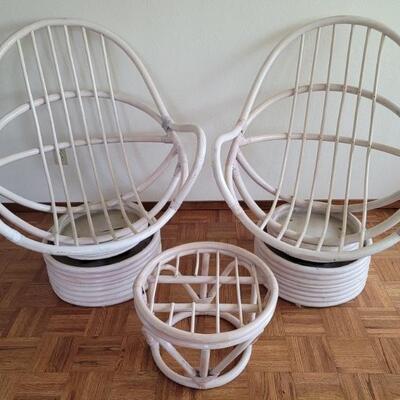 (3) Mid Century White Rattan Furniture Set, 
2 Bucket Chairs on Swivel Bases and Matching Table
