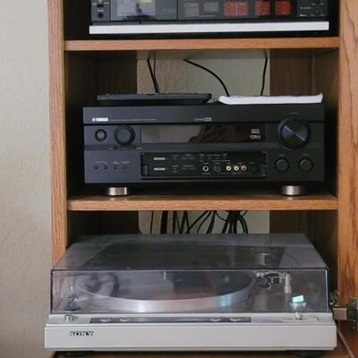 Sony Turntable, Yamaha Reciever, Aiwa Tape Deck, & Speaker in Oak & Glass Stereo Cabinet