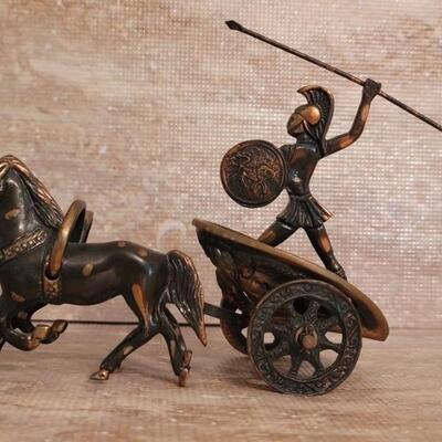 Bronze-Look Statue of Warrior in 2-Horse Chariot