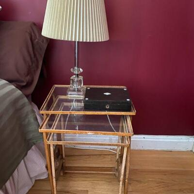 Wrought Iron 3 Stacked Bedside Tables, Lamp, Button Box