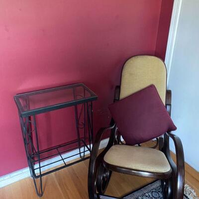 Wrought Iron Side Table, Rocking Chair, Pillows