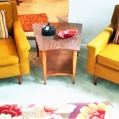 MCM Gold upholstered accent chairs and end table