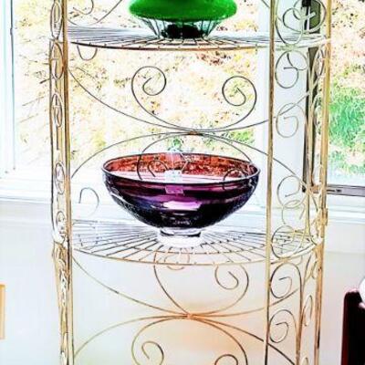 Wrought iron three tier display case with colored glass