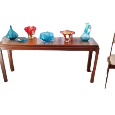 Beautiful colored glassware and Lane Oak sofa table
