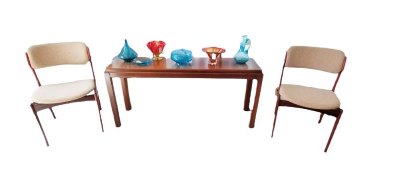 Beautiful colored glassware and Lane Oak sofa table