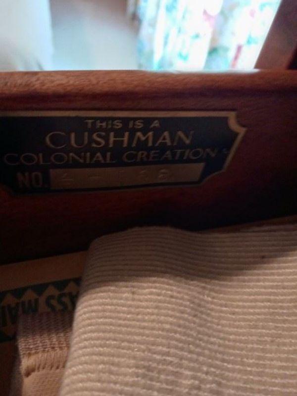 In 1933 the making of colonial furniture was started and this continued under the Cushman name until 1964. Cushman Colonial Creations features turned wooden legs, solid hardwood construction, and traditional American craftsmanship and is still sought after today.