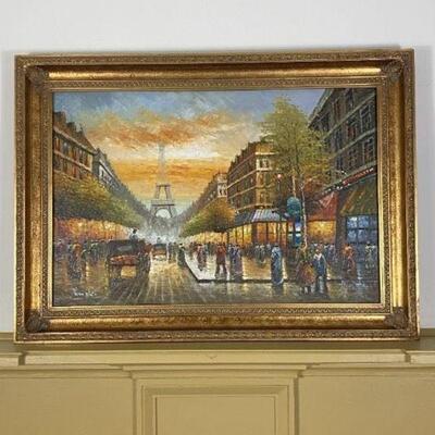 Paris Oil Painting 
Oil painting of the Eiffel Tower
Gilded frame
Dimensions: 42.5â€ x 31â€