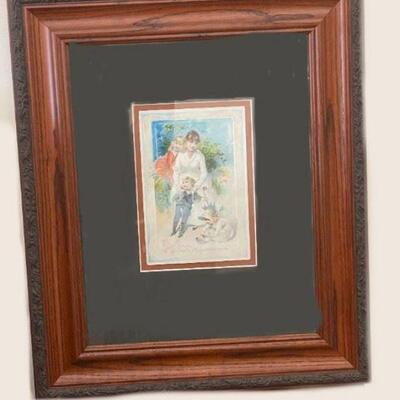 Woolson Spice Co. Midsummer Greeting Wood frame with carving
Double matted
Mother with 3 children & umbrella
Dimensions: 13.5â€ x 18.5â€