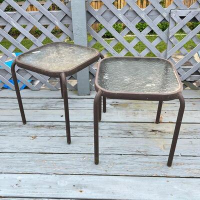 (2pc) OUTDOOR SIDE TABLES | Glass top square-shaped patio side tables; h. 17-1/4 x w. 15-3/4 x d. 15-3/4 in.