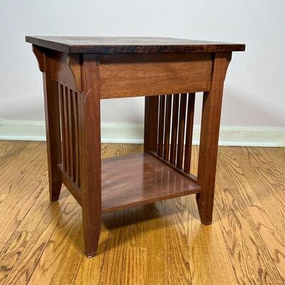 STICKLEY STYLE SIDE TABLE | Arts & crafts wood side table with single drawer and lower shelf; h. 22 x w. 19-1/2 x d. 17-3/4 in.