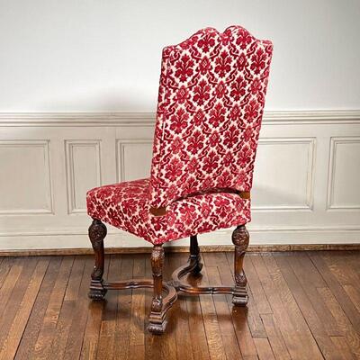 BAROQUE SIDE CHAIR | With contemporary patterned velvet upholstery over extensively carved legs joined by an x-stretcher; h. 44 x w. 22 x...