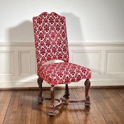 BAROQUE SIDE CHAIR | With contemporary patterned velvet upholstery over extensively carved legs joined by an x-stretcher; h. 44 x w. 22 x...