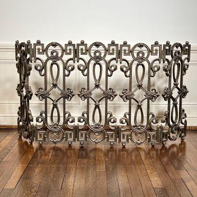 BRONZED METAL FIRE SCREEN | Antique style with key motifs, in five hinged sections; each panel h. 28-1/2 x w. 11 in.