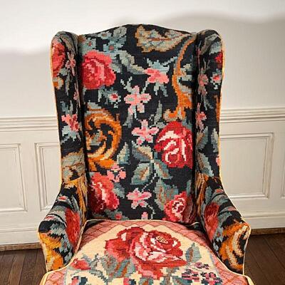 NEEDLEPOINT WING CHAIR | With rose patterned needlepoint upholstery, separate seat cushion; h. 46 x w. 26-1/2 x d. 27 in.