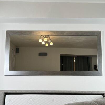 LARGE SILVERED WALL MIRROR | Made in USA, flat glass mirror in a silvered frame; overall 30-1/2 x 65-1/2 in.