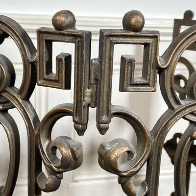 BRONZED METAL FIRE SCREEN | Antique style with key motifs, in five hinged sections; each panel h. 28-1/2 x w. 11 in.