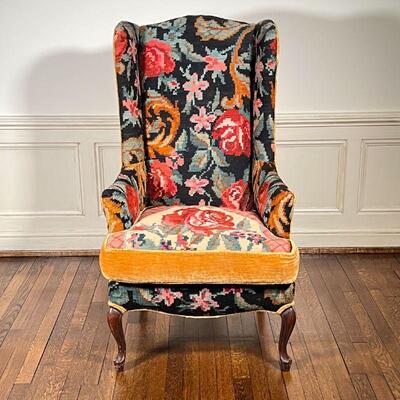 NEEDLEPOINT WING CHAIR | With rose patterned needlepoint upholstery, separate seat cushion; h. 46 x w. 26-1/2 x d. 27 in.