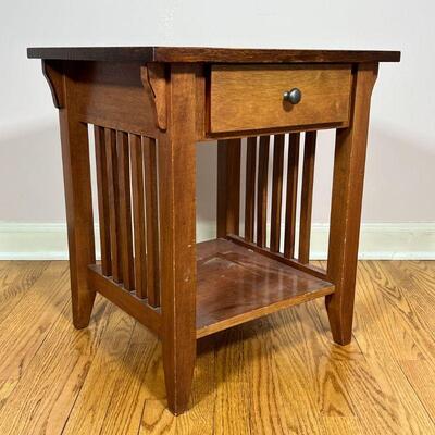 STICKLEY STYLE SIDE TABLE | Arts & crafts wood side table with single drawer and lower shelf; h. 22 x w. 19-1/2 x d. 17-3/4 in.