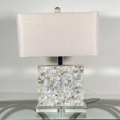 MOTHER of PEARL LAMP | Of rectangular shape on an acyrlic base with acrylic ball finial; overall h. 22-1/2 x w. 17-1/4 in.