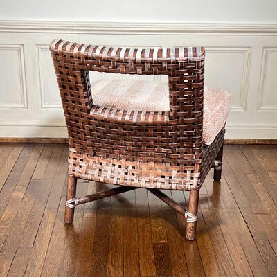 McGUIRE LEATHER LATTICE CHAIR | Side chair with lattice leather strapwork, with a velvet upholstered cushion; h. 30 x w. 28 x d. 28 in....