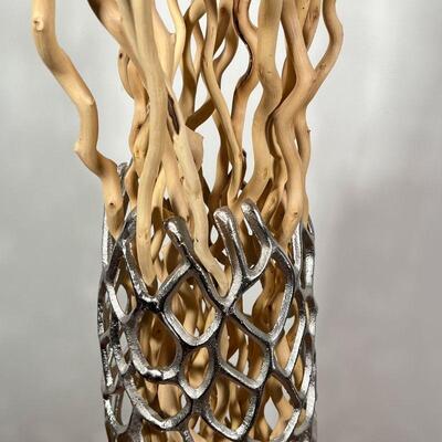 DECORATIVE METAL VASE | Contemporary accent decor, very tall openwork vase with curved natural wood sticks; vase h. 41 in., overall h....