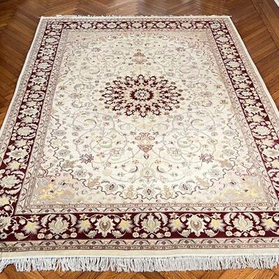 HAND-WOVEN AREA CARPET | Handmade Pakistani rug with central medallion on a beige ground, thick pile, appearing in overall very good...