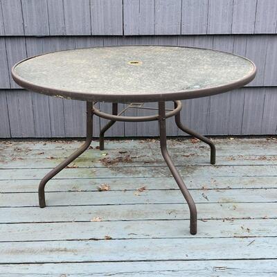 OUTDOOR PATIO TABLE | Round glass top outdoor dining table; h. 28 x dia. 48 in.