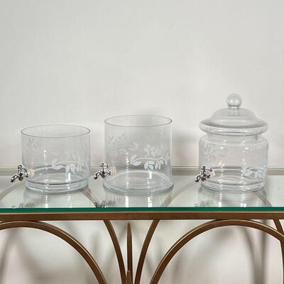 THREE-TIER DRINK FOUNTAIN | With three separate etched glass containers and spigots, perfect for the summertime; overall h. 21-1/2 x dia....