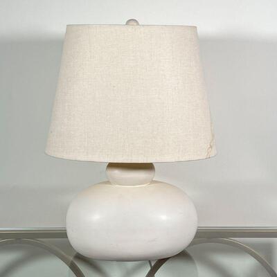 WIDE CERAMIC TABLE LAMP | White glazed clay table lamp; overall h. 21-1/2 x w. 16 in. [shade with stains to one side, as pictured]