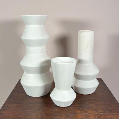 (3pc) WEST ELM VASES | White painted ceramic vases with West Elm labels / markings on bottom; tallest h. 14-3/4 in.