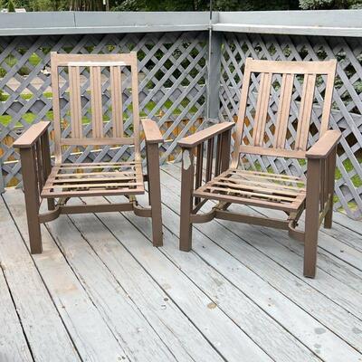 (2pc) PAIR PATIO ARMCHAIRS | Spring seat outdoor armchairs with coated aluminium frames [some peeling/loss to coating, as pictured]; h....