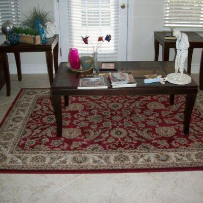 Pair of Wood with Slate Tile End Tables ; Wood and Slate Tile and Glass Coffee Table ; Ascot 5' 3