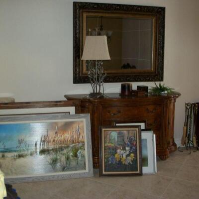 Artwork ; Davis International Furniture Sideboard ; Large Beveled Edge Wall Mirror