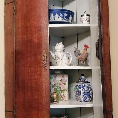 antique bowed front corner wall  cabinet with inlay $275