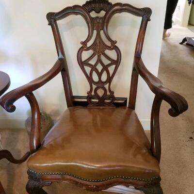 Chippendale style dining or side chair/arms & leather seat