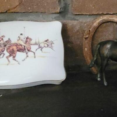 Equestrian themed ceramic box, vintage horseshoe